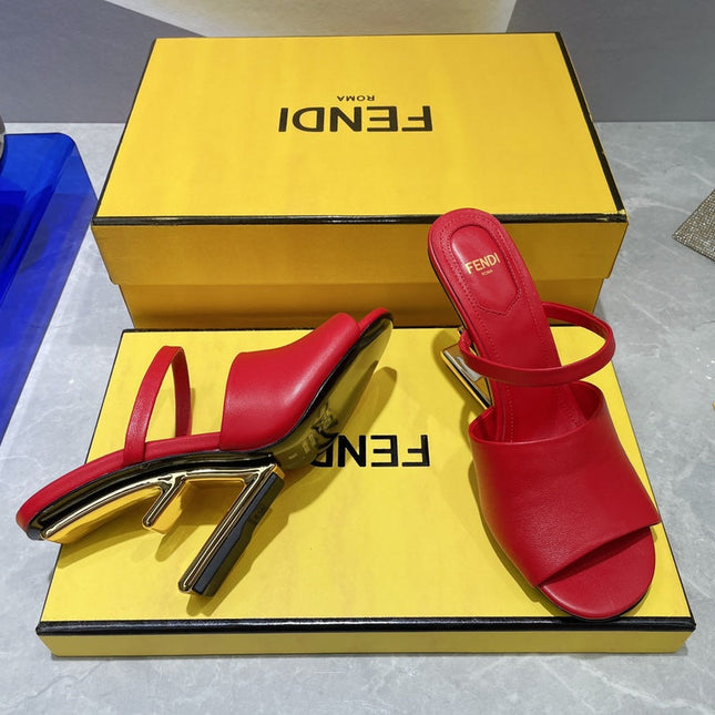 FENDI FIRST 95 MM HIGH-HEELED SANDAL IN CHERRY RED LAMBSKIN GOLD HARDWARE
