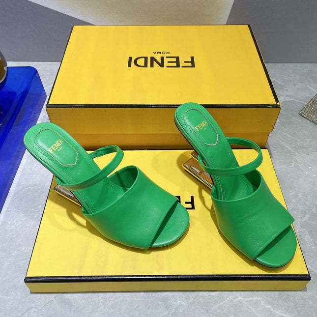 FENDI FIRST 95 MM HIGH-HEELED SANDAL IN EMERAKD GREEN LAMBSKIN GOLD HARDWARE