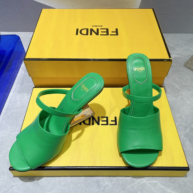 FENDI FIRST 95 MM HIGH-HEELED SANDAL IN EMERAKD GREEN LAMBSKIN GOLD HARDWARE