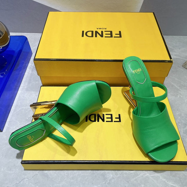 FENDI FIRST 95 MM HIGH-HEELED SANDAL IN EMERAKD GREEN LAMBSKIN GOLD HARDWARE