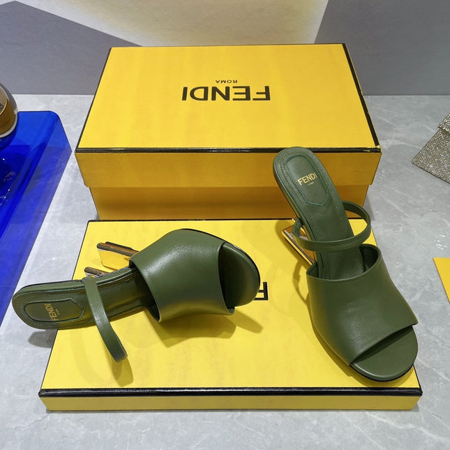 FENDI FIRST 95 MM HIGH-HEELED SANDAL IN OLIVE GREEN LAMBSKIN GOLD HARDWARE