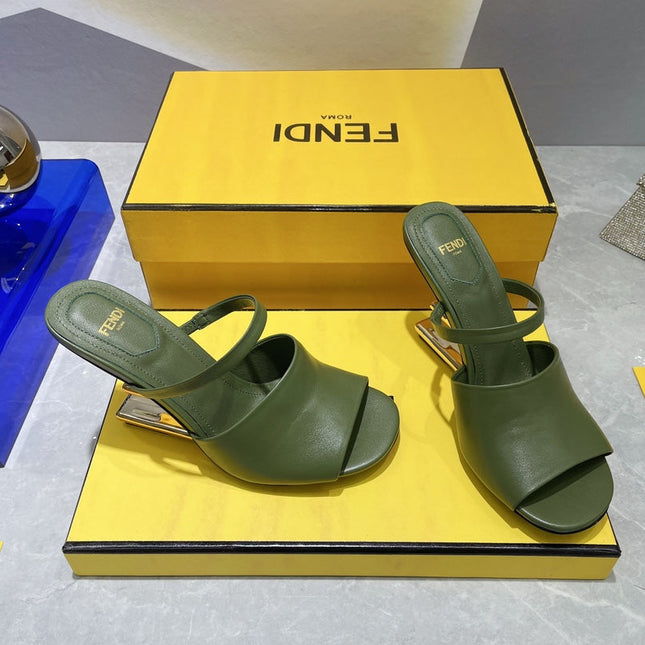 FENDI FIRST 95 MM HIGH-HEELED SANDAL IN OLIVE GREEN LAMBSKIN GOLD HARDWARE