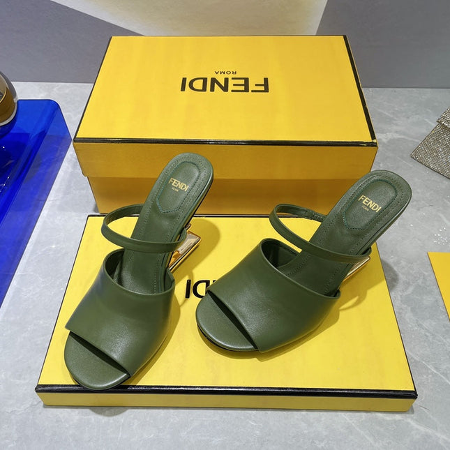 FENDI FIRST 95 MM HIGH-HEELED SANDAL IN OLIVE GREEN LAMBSKIN GOLD HARDWARE