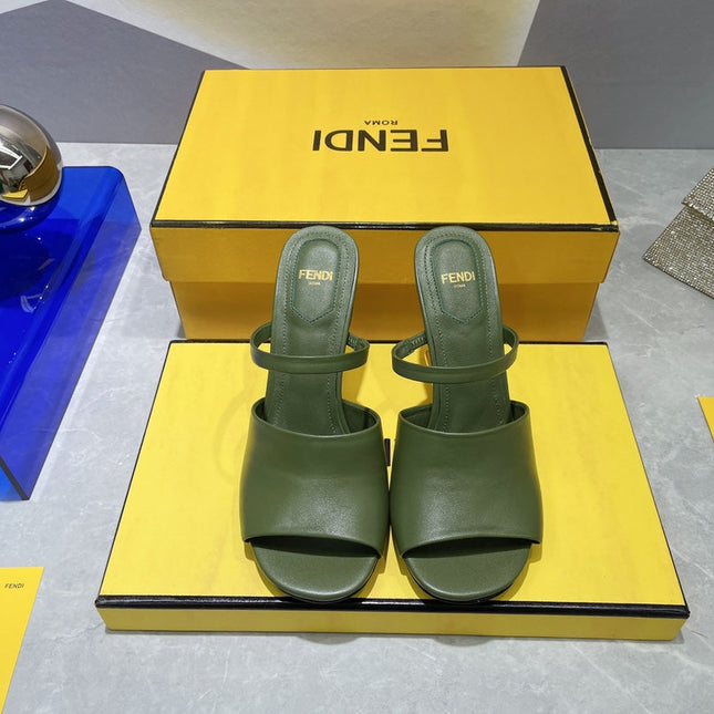 FENDI FIRST 95 MM HIGH-HEELED SANDAL IN OLIVE GREEN LAMBSKIN GOLD HARDWARE