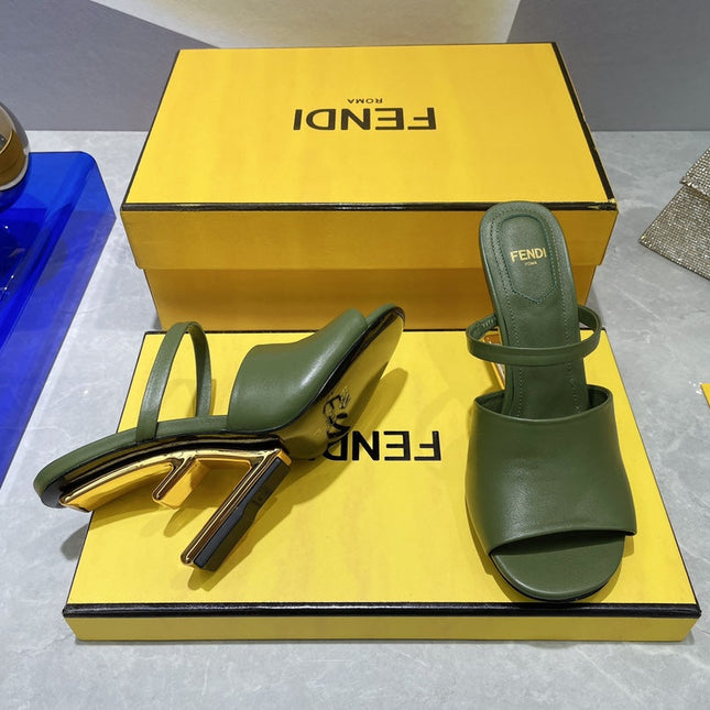 FENDI FIRST 95 MM HIGH-HEELED SANDAL IN OLIVE GREEN LAMBSKIN GOLD HARDWARE