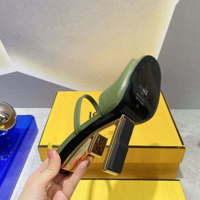 FENDI FIRST 95 MM HIGH-HEELED SANDAL IN OLIVE GREEN LAMBSKIN GOLD HARDWARE