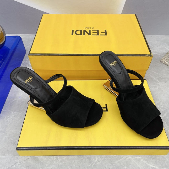 FENDI FIRST 95 MM HIGH-HEELED SANDAL IN BLACK SUEDE GOLD HARDWARE