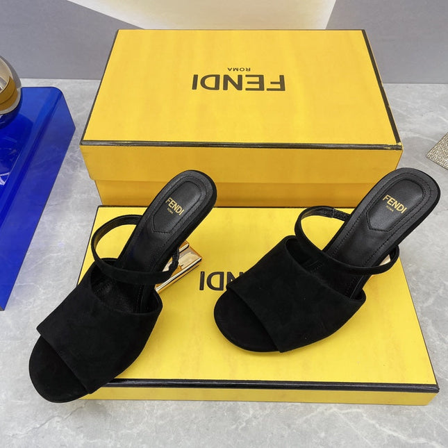 FENDI FIRST 95 MM HIGH-HEELED SANDAL IN BLACK SUEDE GOLD HARDWARE