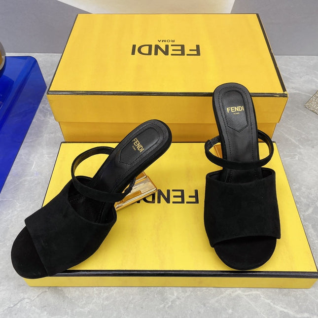 FENDI FIRST 95 MM HIGH-HEELED SANDAL IN BLACK SUEDE GOLD HARDWARE