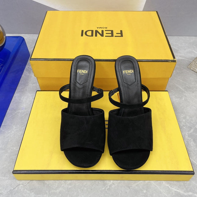 FENDI FIRST 95 MM HIGH-HEELED SANDAL IN BLACK SUEDE GOLD HARDWARE