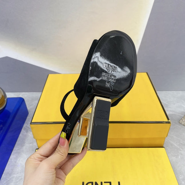 FENDI FIRST 95 MM HIGH-HEELED SANDAL IN BLACK SUEDE GOLD HARDWARE