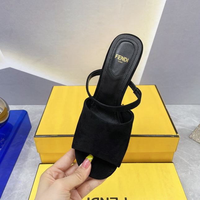 FENDI FIRST 95 MM HIGH-HEELED SANDAL IN BLACK SUEDE GOLD HARDWARE