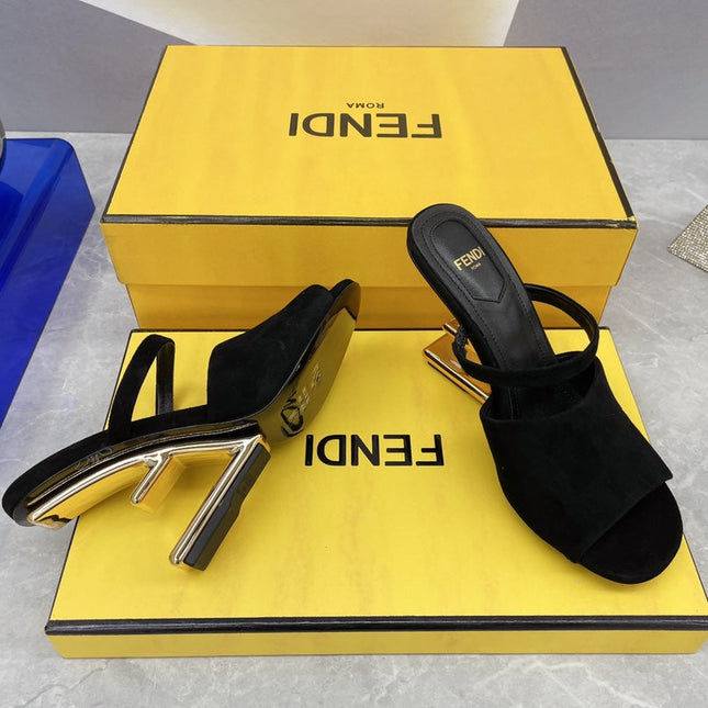FENDI FIRST 95 MM HIGH-HEELED SANDAL IN BLACK SUEDE GOLD HARDWARE