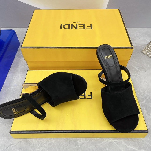 FENDI FIRST 95 MM HIGH-HEELED SANDAL IN BLACK SUEDE GOLD HARDWARE