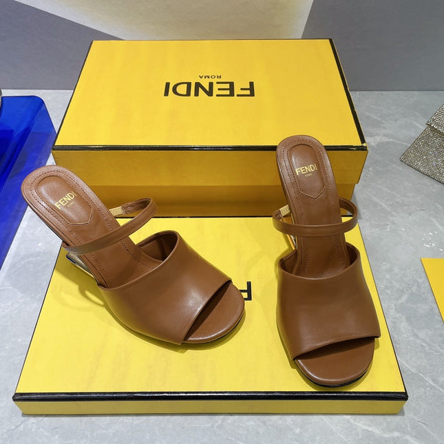 FENDI FIRST 95 MM HIGH-HEELED SANDAL IN SEPIA BROWN LAMBSKIN GOLD HARDWARE