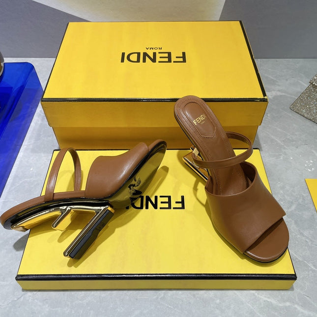 FENDI FIRST 95 MM HIGH-HEELED SANDAL IN SEPIA BROWN LAMBSKIN GOLD HARDWARE