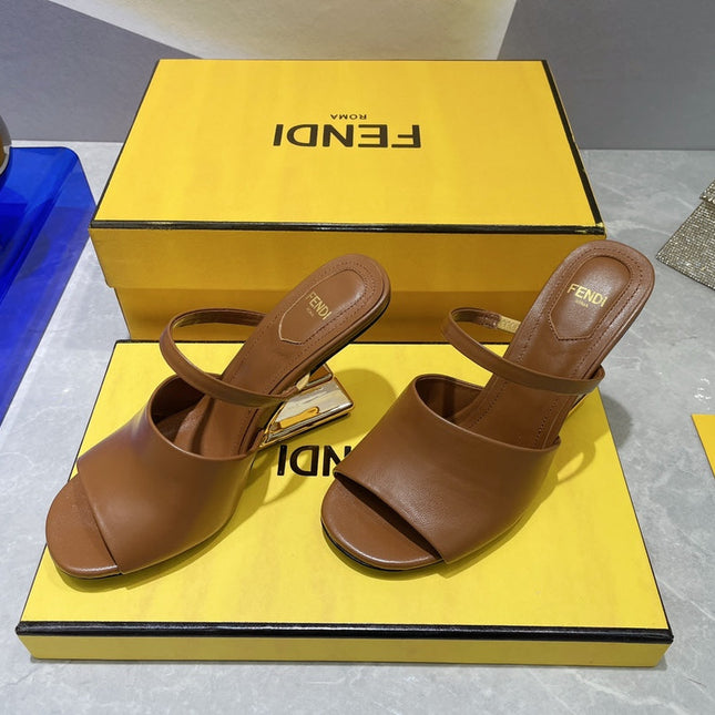 FENDI FIRST 95 MM HIGH-HEELED SANDAL IN SEPIA BROWN LAMBSKIN GOLD HARDWARE