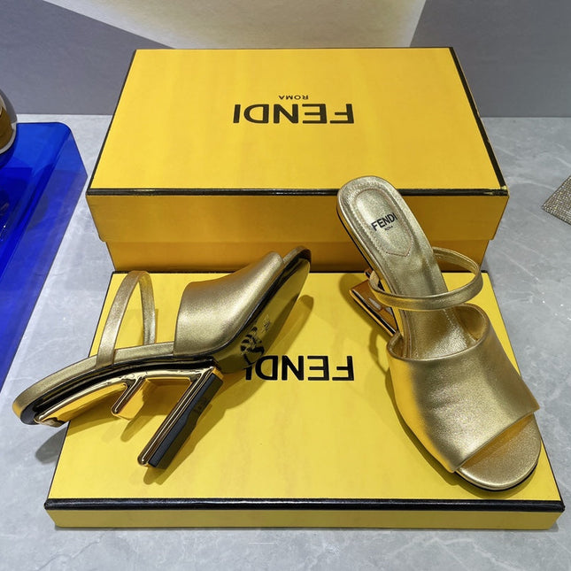 FENDI FIRST 95 MM HIGH-HEELED SANDAL IN GOLDEN LAMBSKIN GOLD HARDWARE