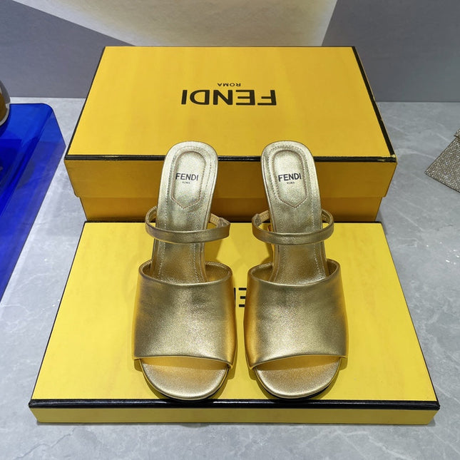 FENDI FIRST 95 MM HIGH-HEELED SANDAL IN GOLDEN LAMBSKIN GOLD HARDWARE