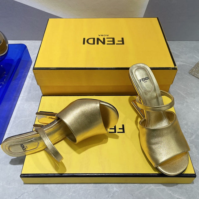 FENDI FIRST 95 MM HIGH-HEELED SANDAL IN GOLDEN LAMBSKIN GOLD HARDWARE