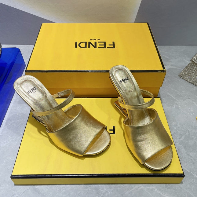 FENDI FIRST 95 MM HIGH-HEELED SANDAL IN GOLDEN LAMBSKIN GOLD HARDWARE