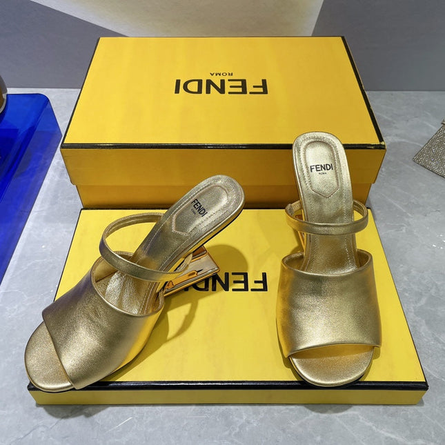 FENDI FIRST 95 MM HIGH-HEELED SANDAL IN GOLDEN LAMBSKIN GOLD HARDWARE