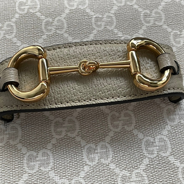 GG HORSEBIT 1955 SADDLE BAG 25 IN WHITE CANVAS AND BEIGE CALFSKIN