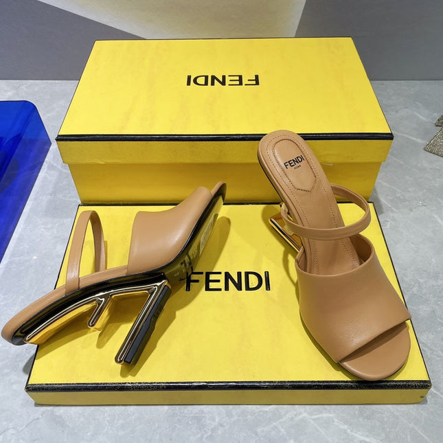 FENDI FIRST 95 MM HIGH-HEELED SANDAL IN CAMEL BROWN LAMBSKIN GOLD HARDWARE