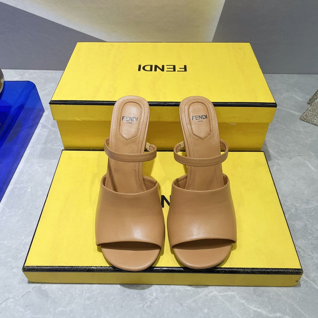 FENDI FIRST 95 MM HIGH-HEELED SANDAL IN CAMEL BROWN LAMBSKIN GOLD HARDWARE