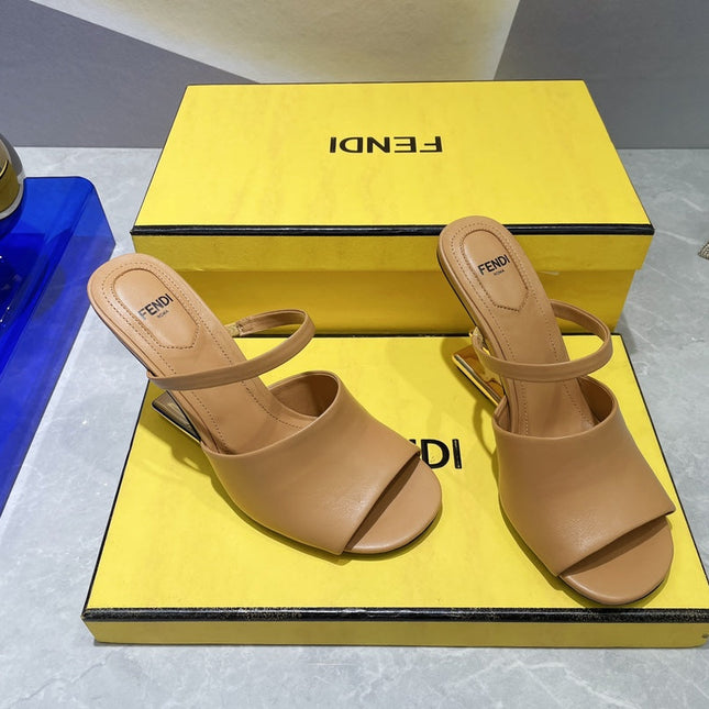 FENDI FIRST 95 MM HIGH-HEELED SANDAL IN CAMEL BROWN LAMBSKIN GOLD HARDWARE