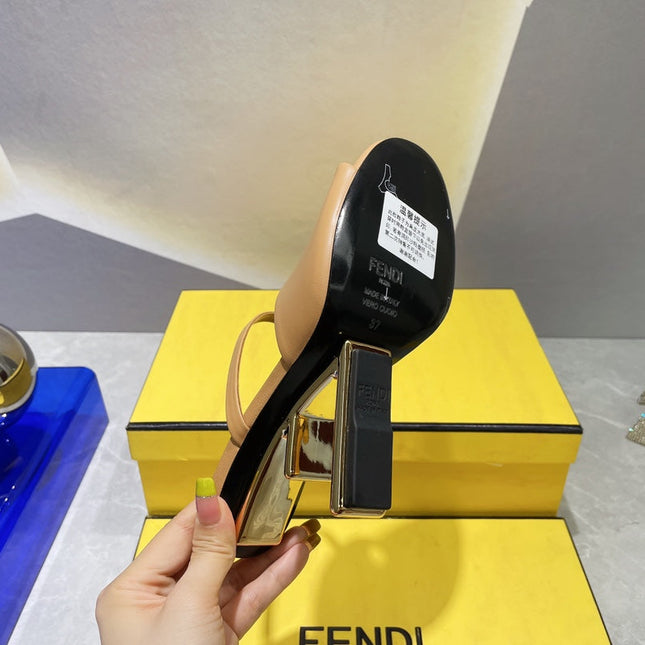 FENDI FIRST 95 MM HIGH-HEELED SANDAL IN CAMEL BROWN LAMBSKIN GOLD HARDWARE