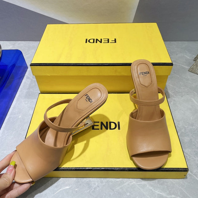 FENDI FIRST 95 MM HIGH-HEELED SANDAL IN CAMEL BROWN LAMBSKIN GOLD HARDWARE