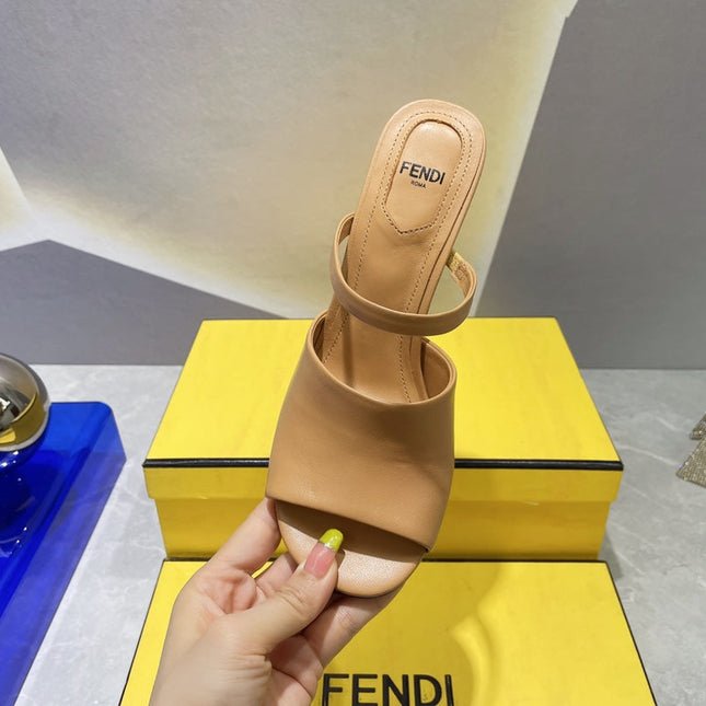 FENDI FIRST 95 MM HIGH-HEELED SANDAL IN CAMEL BROWN LAMBSKIN GOLD HARDWARE
