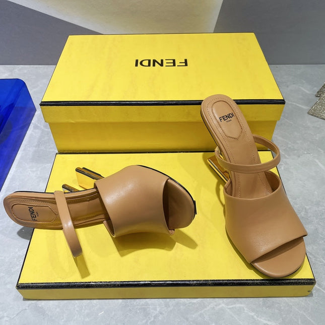 FENDI FIRST 95 MM HIGH-HEELED SANDAL IN CAMEL BROWN LAMBSKIN GOLD HARDWARE