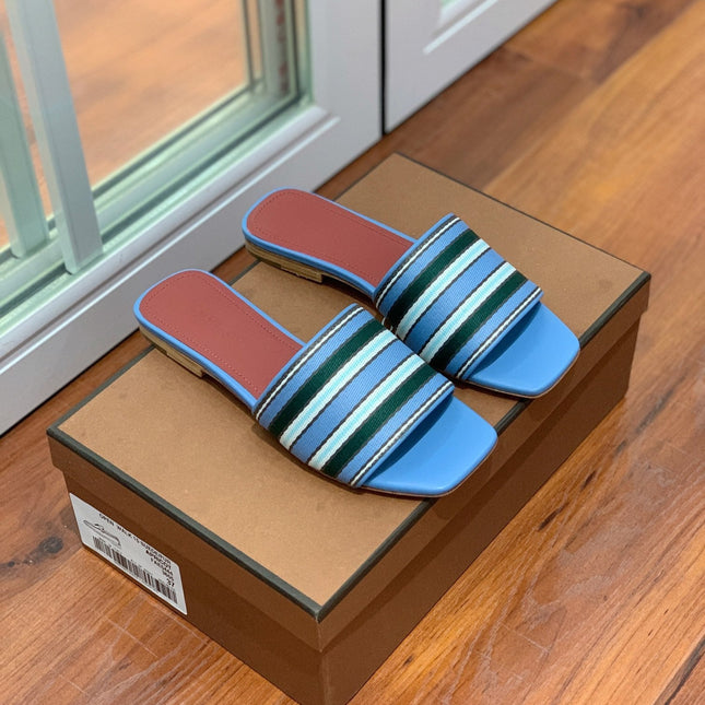 LP RAFFIA CHARMS FLATS SANDAL SKY AND BLACK CALFSKIN