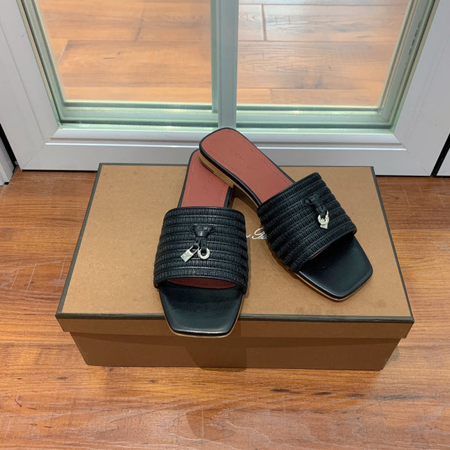 LP RAFFIA CHARMS FLATS SANDAL BLACK CALFSKIN