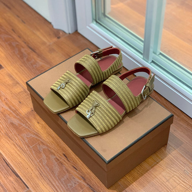 LP RAFFIA CHARMS STRAP FLATS SANDAL OLIVE CALFSKIN