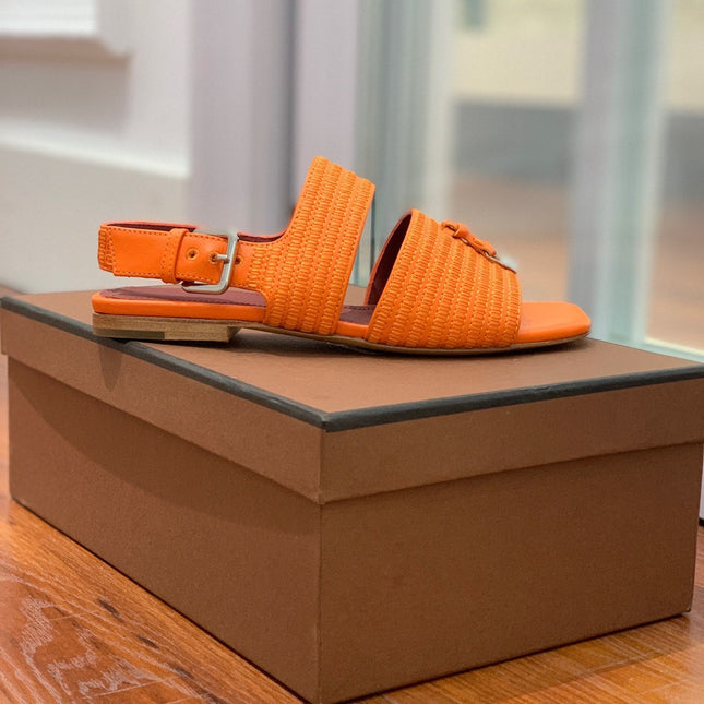 LP RAFFIA CHARMS STRAP FLATS SANDAL ORANGE CALFSKIN