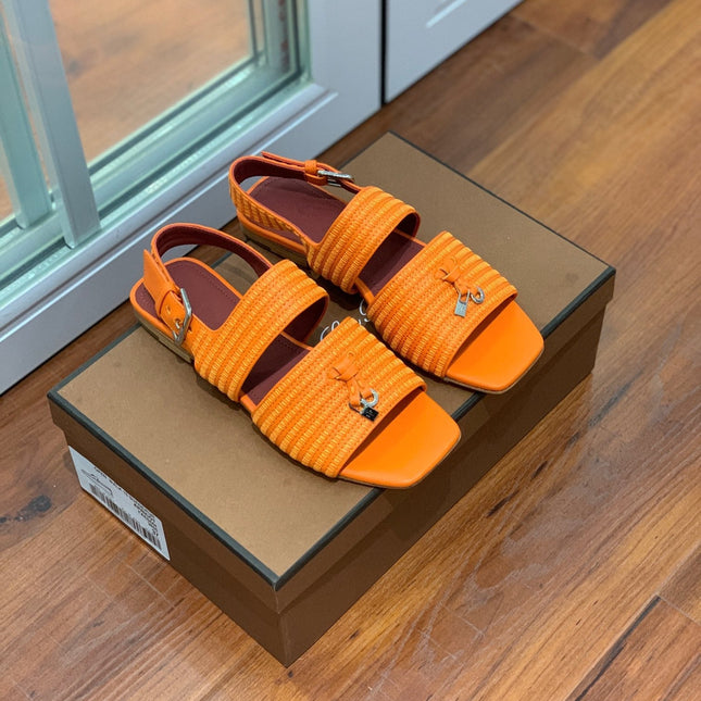 LP RAFFIA CHARMS STRAP FLATS SANDAL ORANGE CALFSKIN