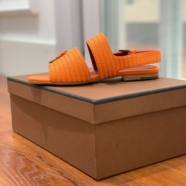 LP RAFFIA CHARMS STRAP FLATS SANDAL ORANGE CALFSKIN