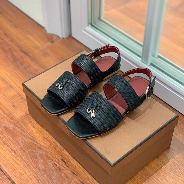 LP RAFFIA CHARMS STRAP FLATS SANDAL BLACK CALFSKIN
