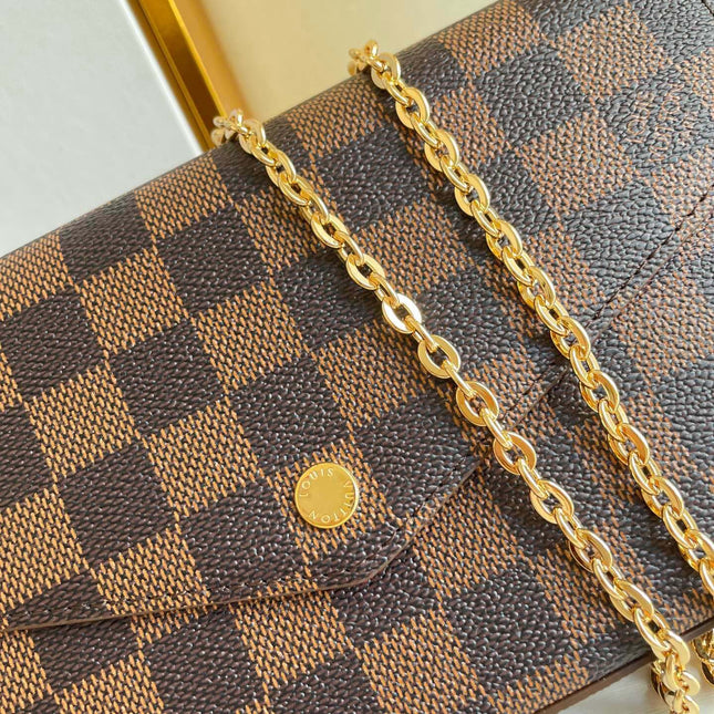 FÉLICIE POCHETTE 21 IN BROWN DAMIER EBENE COATED CANVAS GOLD HARDWARE