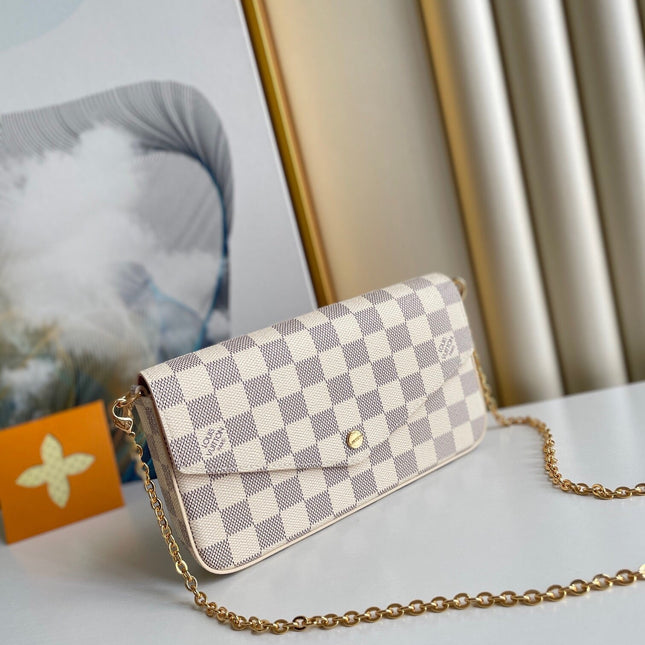 FÉLICIE POCHETTE 21 IN BLUE BEIGE DAMIER AZUR CANVAS GOLD HARDWARE