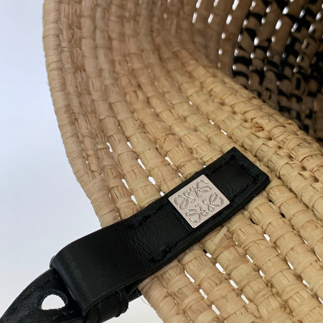 LOEWE 25S BASKET BAG 30 IN NATURAL MIX BLACK RAFFIA CALFSKIN SHOULDER STRAP