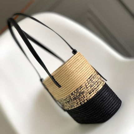 LOEWE 25S BASKET BAG 30 IN NATURAL MIX BLACK RAFFIA CALFSKIN SHOULDER STRAP