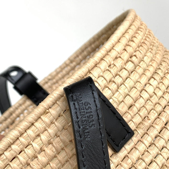 LOEWE 25S BASKET BAG 30 IN NATURAL MIX BLACK RAFFIA CALFSKIN SHOULDER STRAP