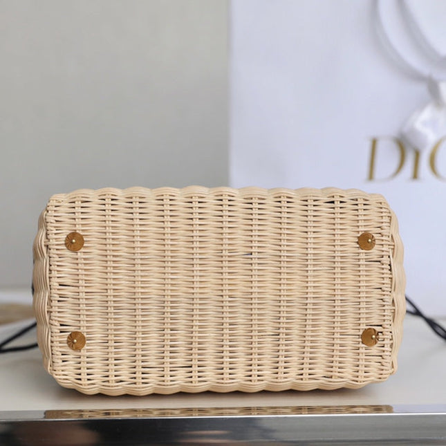 LADY 24 BASKET BAG IN BLACK OBLIQUE JACQUARD MIX BEIGE WICKER