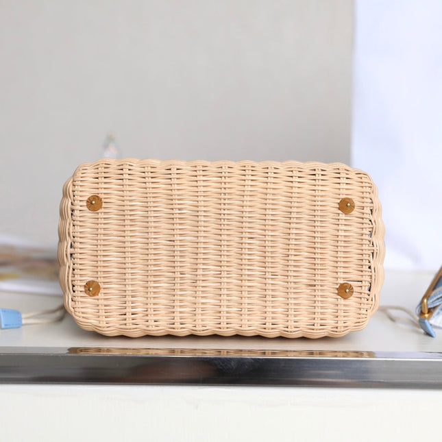 LADY 24 BASKET BAG IN BLUE OBLIQUE JACQUARD MIX BEIGE WICKER