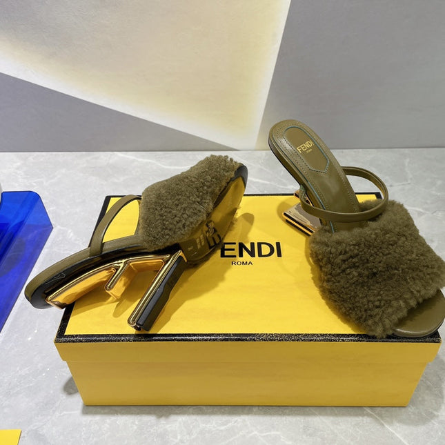 FENDI FIRST HIGH HEEL 95 MM SANDAL IN OLIVE GREEN MINK FUR