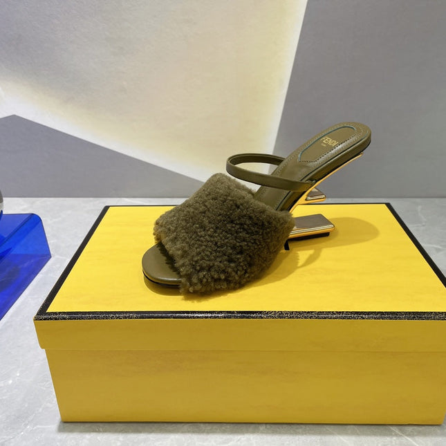 FENDI FIRST HIGH HEEL 95 MM SANDAL IN OLIVE GREEN MINK FUR